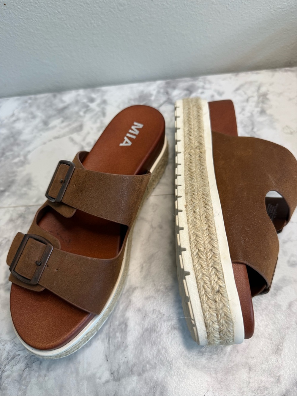 MIA Brown Double-Buckle Espadrille Platform Slides Sz 7 1/2